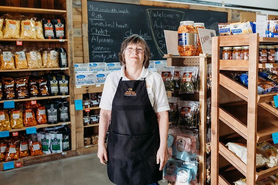 Eileen Kennedy in the shop at Anderson Cheese Stop